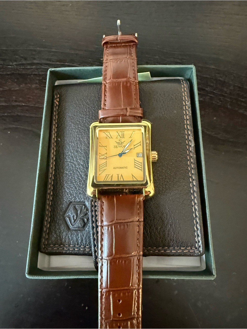 Men's Brown Leather Strap Gold-Tone Square Automatic Watch